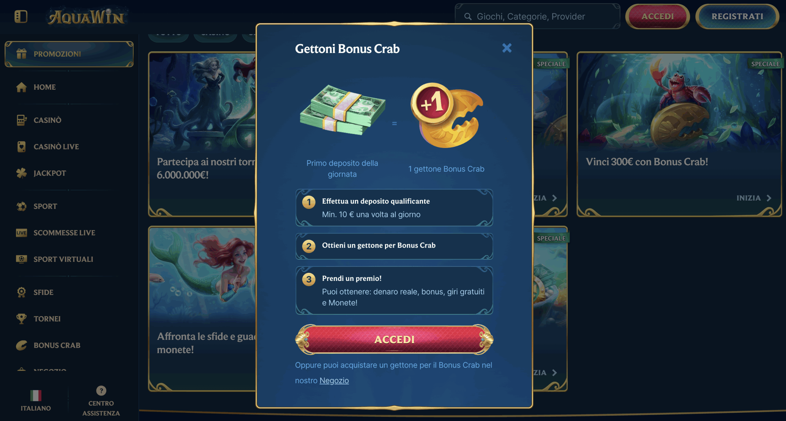 aqua win casino italia bonus crab